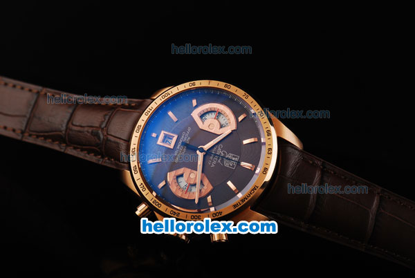 Tag Heuer Carrera Calibre 17 Swiss Valjoux 7750 Automatic Movement Rose Gold Case with Brown Dial - Rose Gold Stick Markers and Brown Leather Strap - Click Image to Close